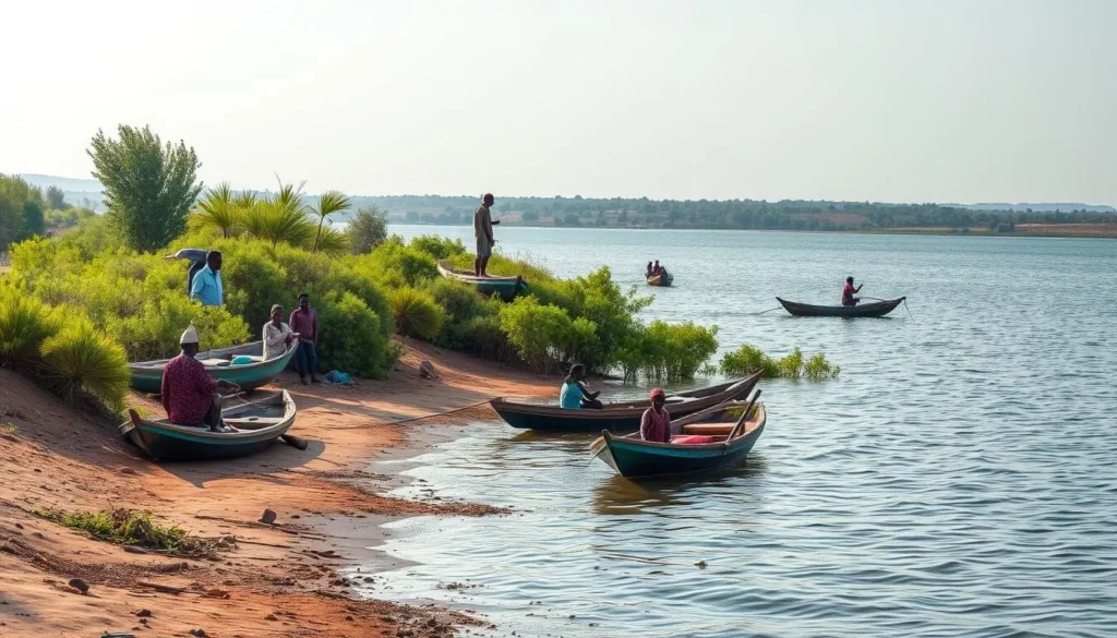 Generate an image of Lake Chad with fishing boats and local villagers.