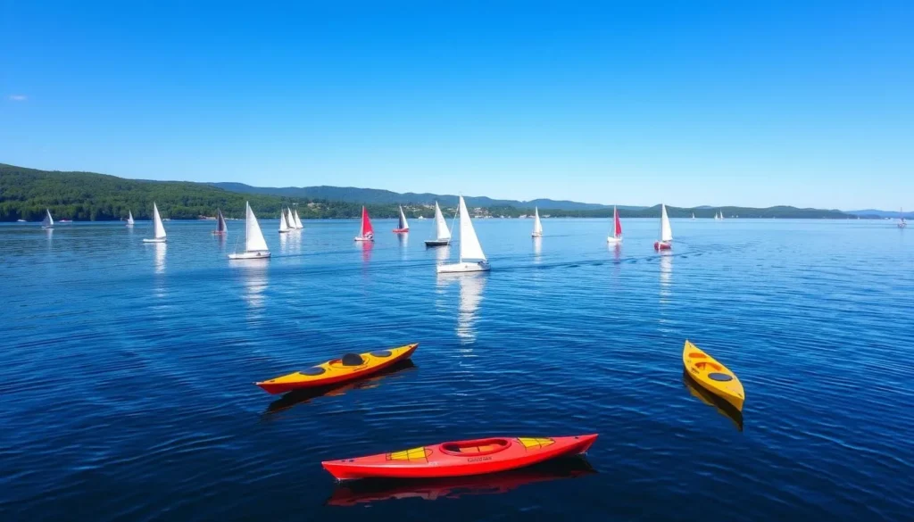 Generate an image of Lake Champlain with sailboats and kayaks on a sunny day.