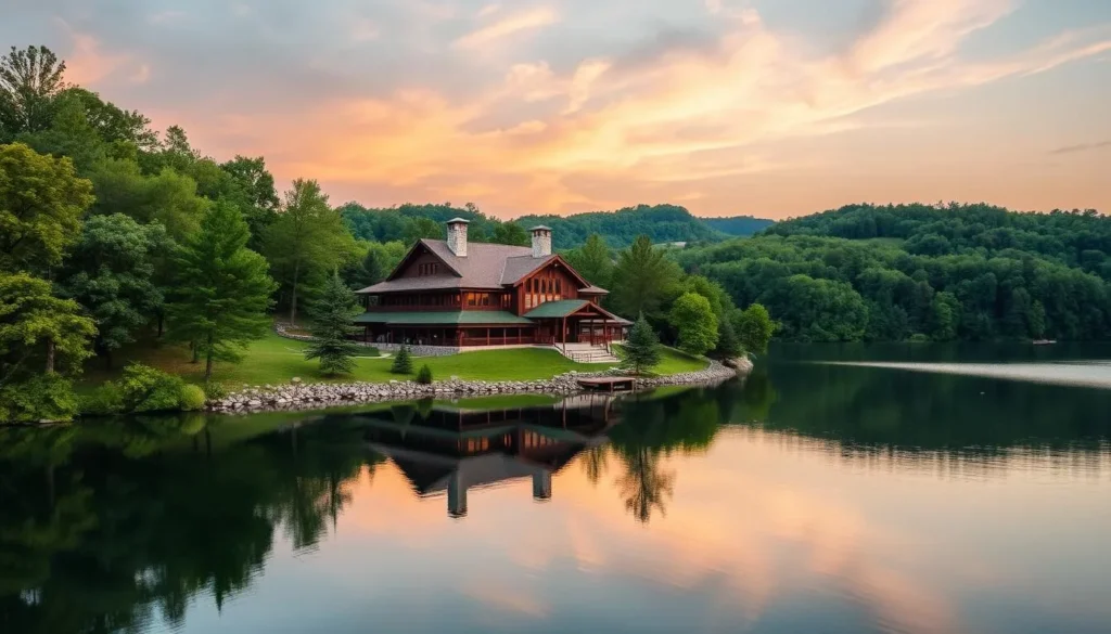 Generate an image of Lake Cumberland State Resort Park's serene surroundings and Lure Lodge.