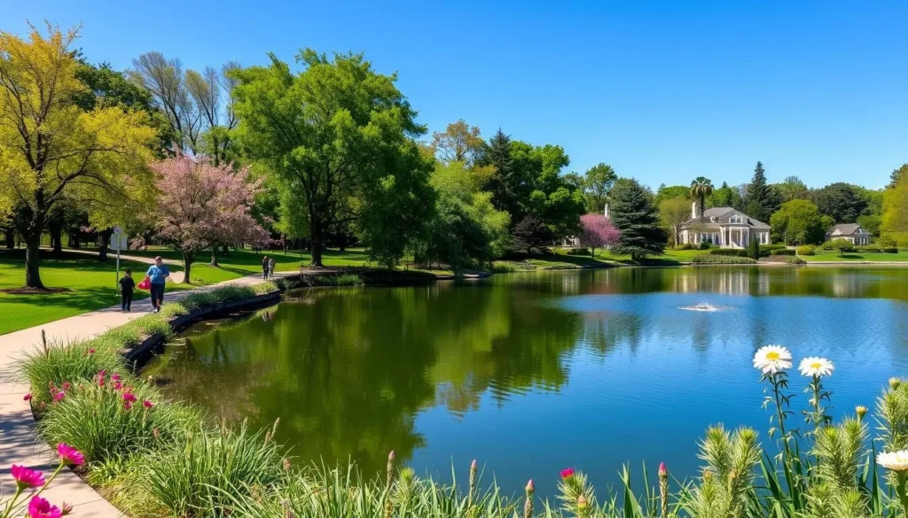 Generate an image of Lake Ella and Fred Drake Park, with a 0.6-mile walking path around a picturesque lake.