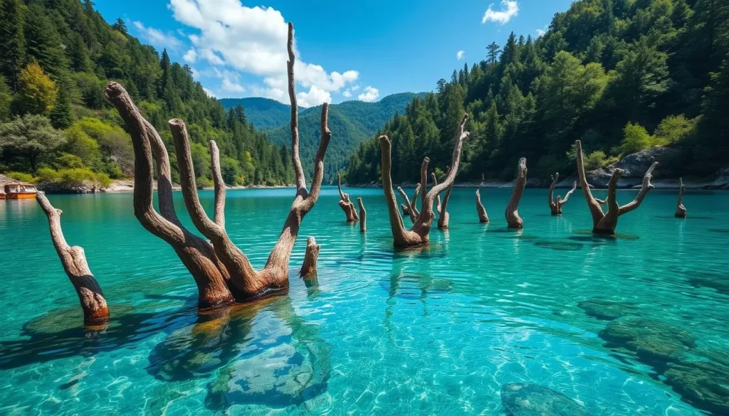 Generate an image of Lake Kaindy with submerged tree trunks emerging from turquoise water.