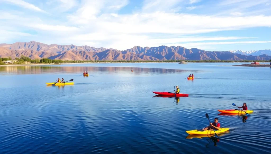 Generate an image of Lake Las Vegas with kayakers and paddleboarders enjoying the serene waters.