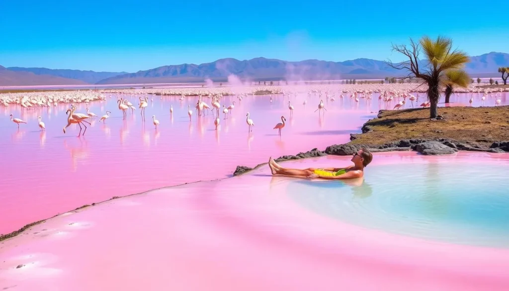 Generate an image of Lake Magadi's pink waters with flamingos and a visitor enjoying the hot springs.