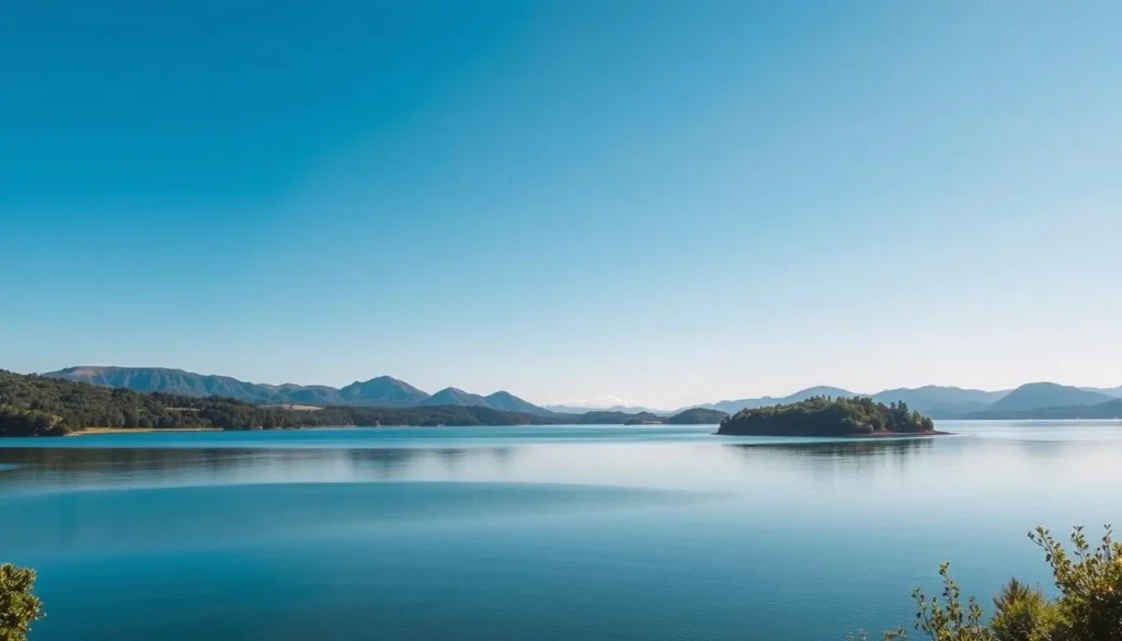 Generate an image of Lake Rotorua with a serene atmosphere and surrounding landscape.