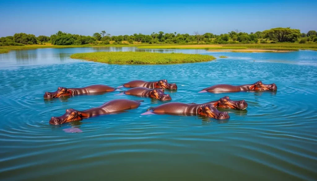 Generate an image of Lake Tengréla in Burkina Faso, with hippos visible in the water Generate an image of Lake Tengréla in Burkina Faso, with hippos visible in the water