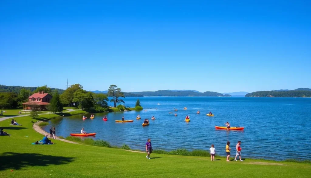 Generate an image of Lake Williamstown with a serene landscape and people enjoying outdoor activities.