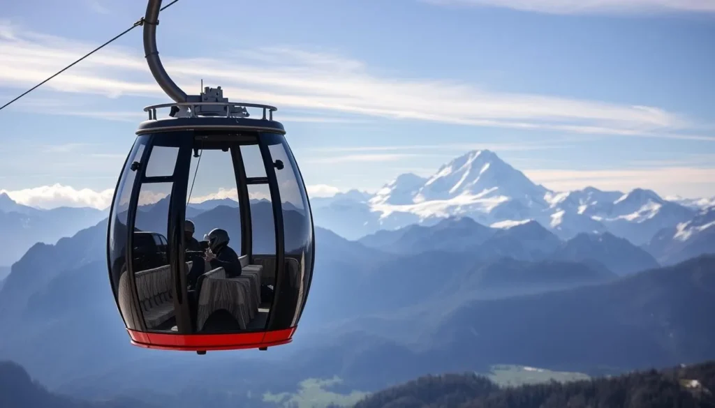 Generate an image of Le Brévent cable car in Chamonix with Mont Blanc in the background. Generate an image of Le Brévent cable car in Chamonix with Mont Blanc in the background.