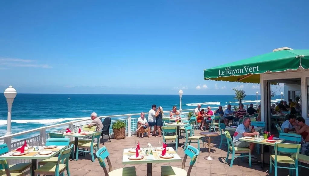 Generate an image of Le Café de Paris or Le Rayon Vert, highlighting their oceanfront dining areas.