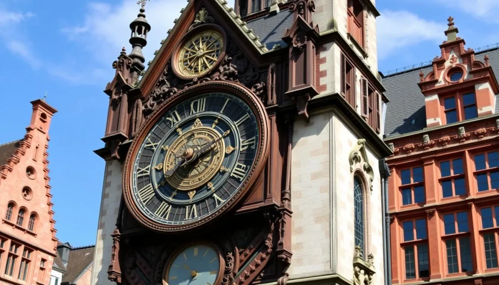 Generate an image of Le Gros Horloge in Rouen, France, highlighting its intricate astronomical clock and medieval architecture.