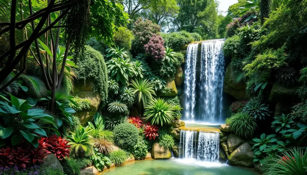 Generate an image of Le Jardin Extraordinaire, showcasing its lush vegetation and the 25-meter-high artificial waterfall.