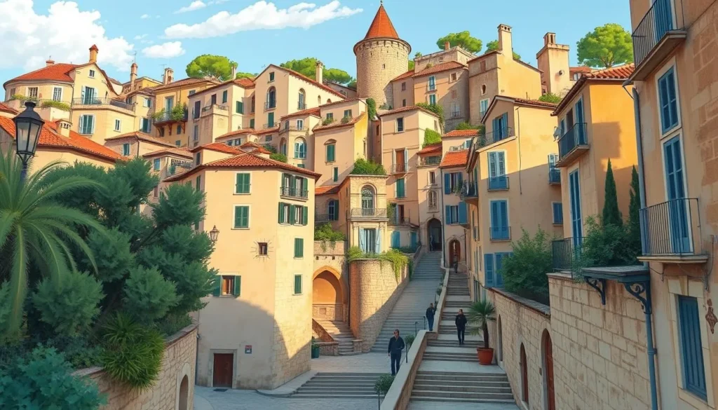 Generate an image of Le Suquet, Cannes' old town, with its narrow medieval streets and ancient stone buildings.