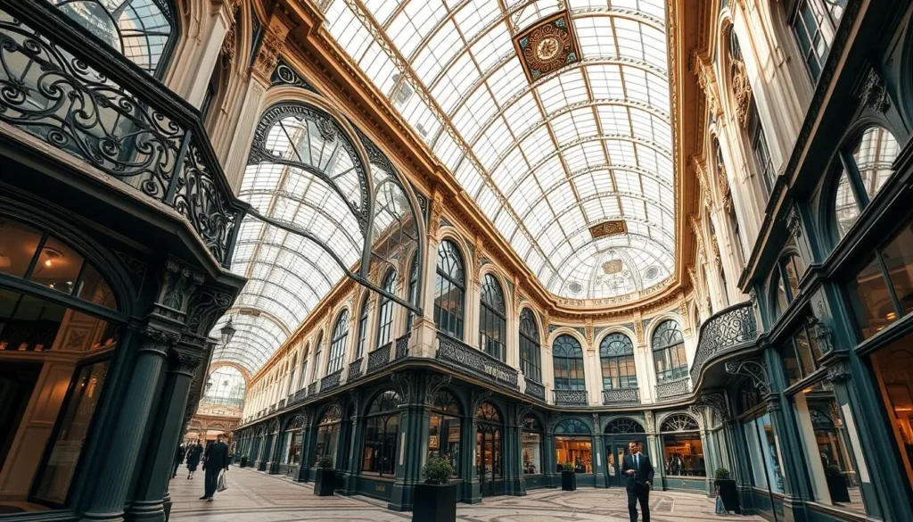 Generate an image of Leeds' elegant Victorian arcades, showcasing ornate ironwork, mosaic floors, and magnificent glass roofs.