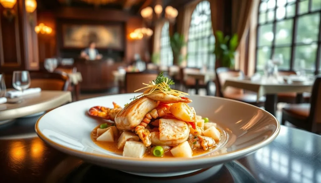 Generate an image of Lei Garden Restaurant's signature poached lobster meat dish in an elegant colonial setting.