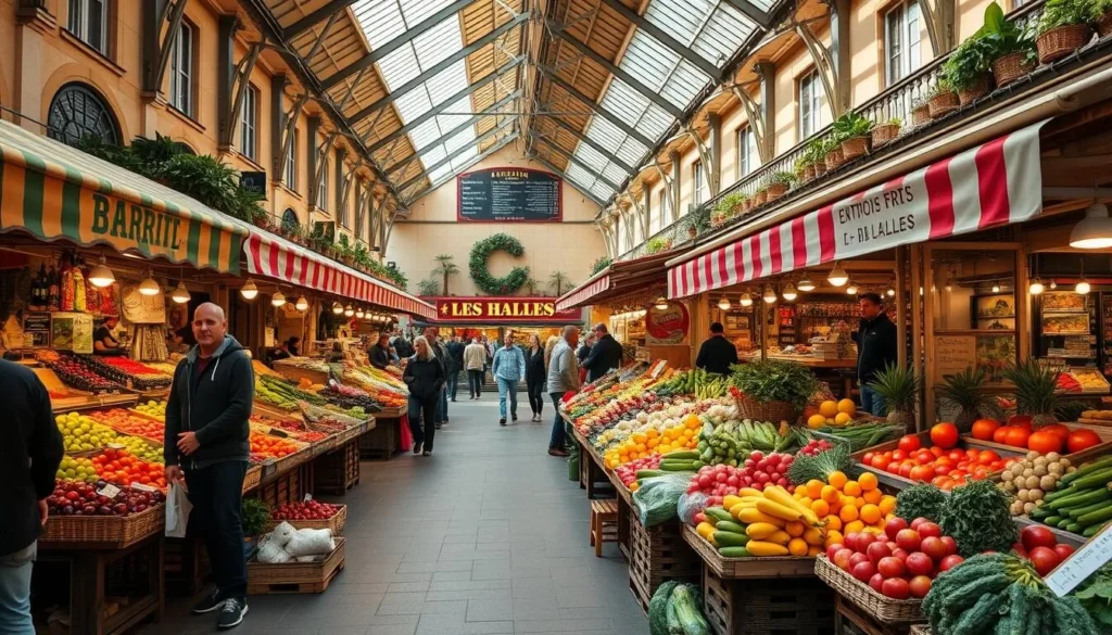 Generate an image of Les Halles Market in Biarritz, showcasing its vibrant atmosphere and fresh local produce.