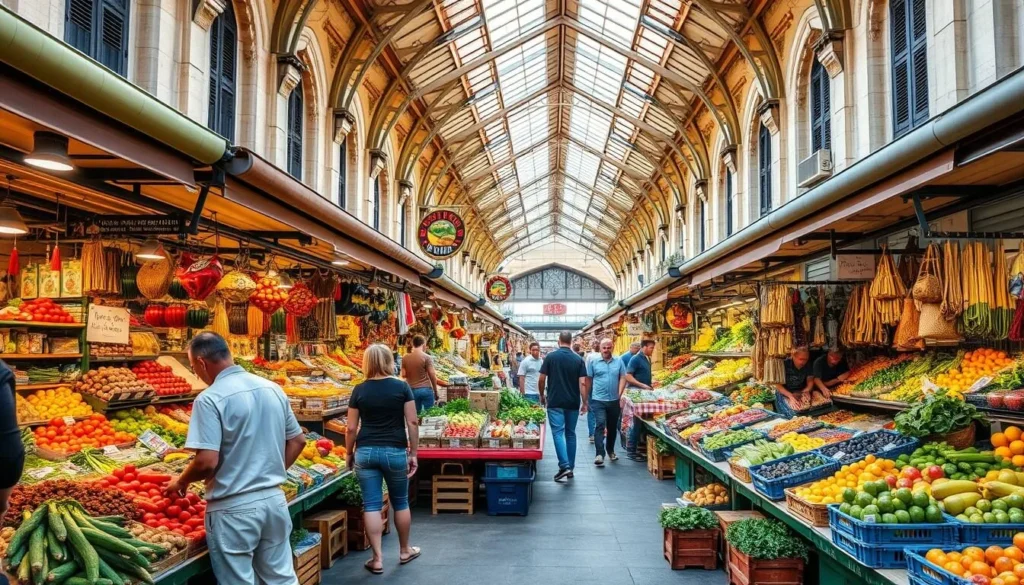 Generate an image of Les Halles Market in Nîmes, showcasing its vibrant stalls and local produce.