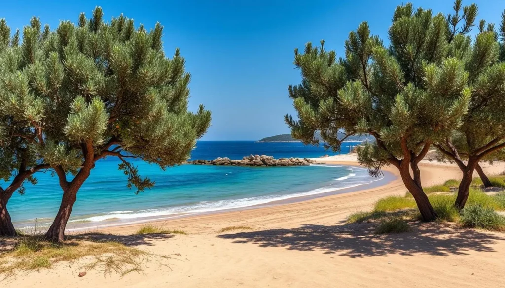 Generate an image of Lichnos Beach with olive groves. Generate an image of Lichnos Beach with olive groves.