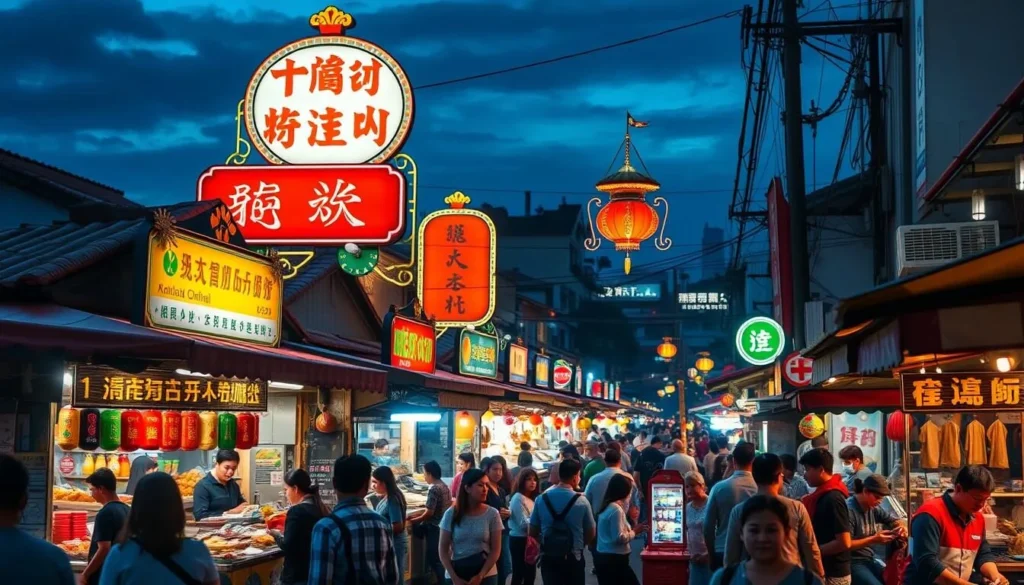 Generate an image of Linhai's Old Town Night Market with vibrant street food stalls and lively atmosphere
