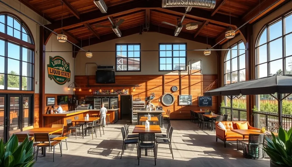 Generate an image of Liquid State Brewing's taproom with a large beer hall-like interior space and a nice outdoor deck area.
