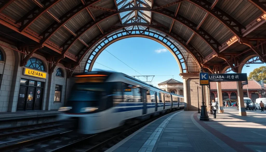 Generate an image of Liziba Station with a train passing through the building.