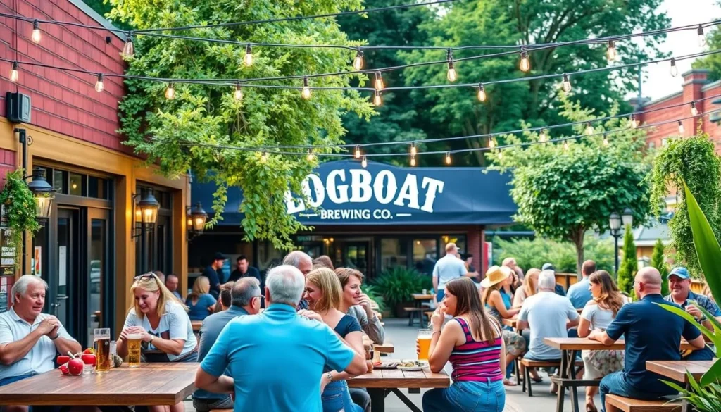 Generate an image of Logboat Brewing Co.'s beer garden with people enjoying their beers and food.
