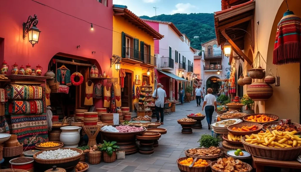 Generate an image of Loíza's town center with vibrant colors, traditional crafts, and African-influenced cuisine. Generate an image of Loíza's town center with vibrant colors, traditional crafts, and African-influenced cuisine.