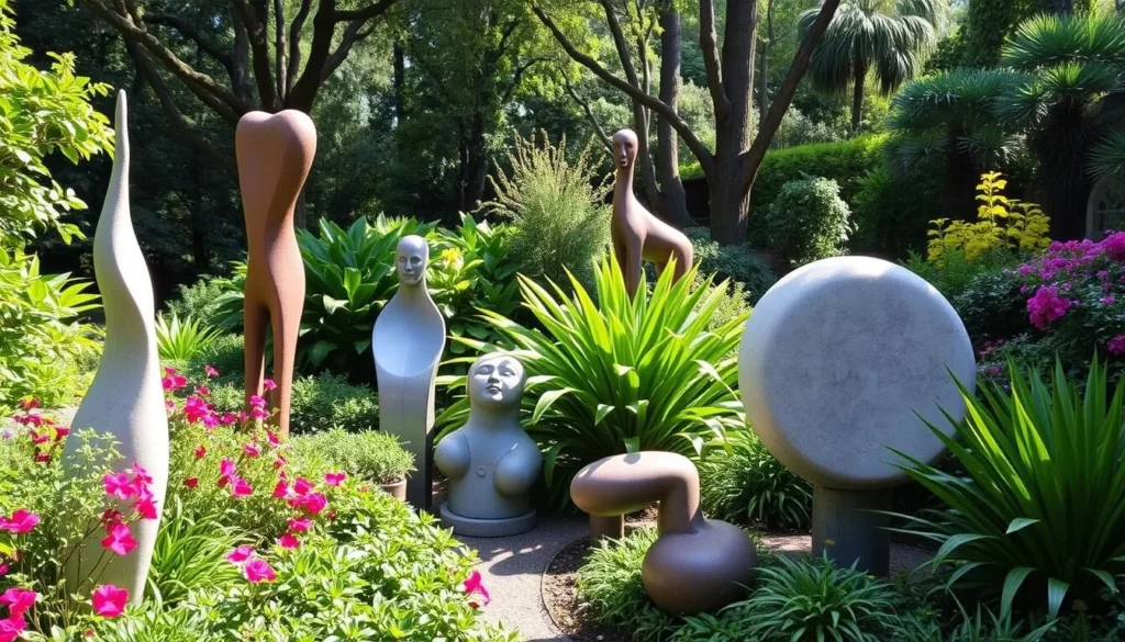 Generate an image of LongHouse Reserve's sculpture gardens, highlighting the integration of art and nature.