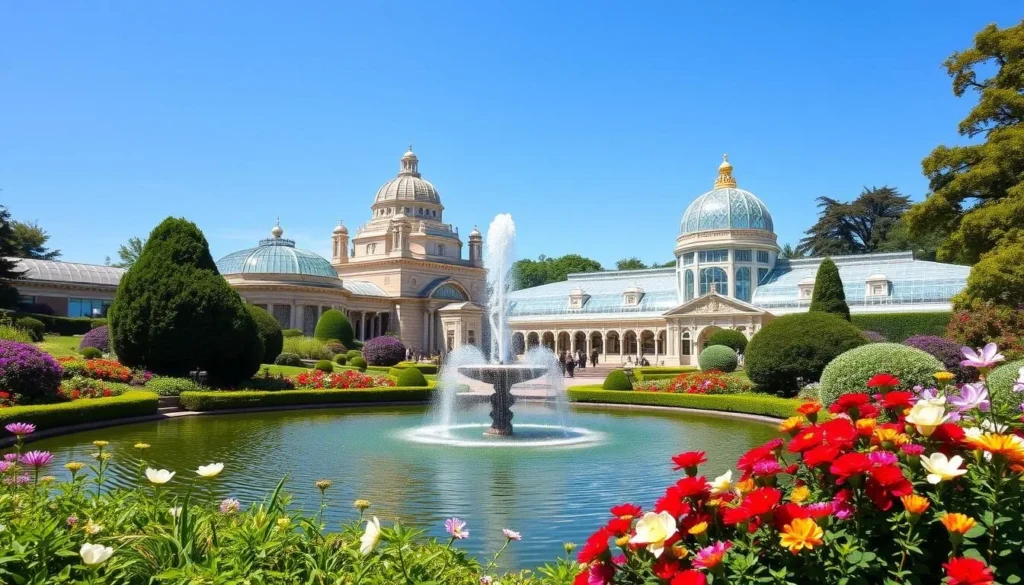 Generate an image of Longwood Gardens with its beautiful fountains and conservatories.
