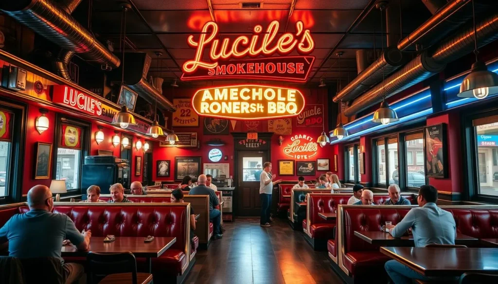 Generate an image of Lucille's Smokehouse BBQ's interior, featuring its classic American diner decor and lively atmosphere.