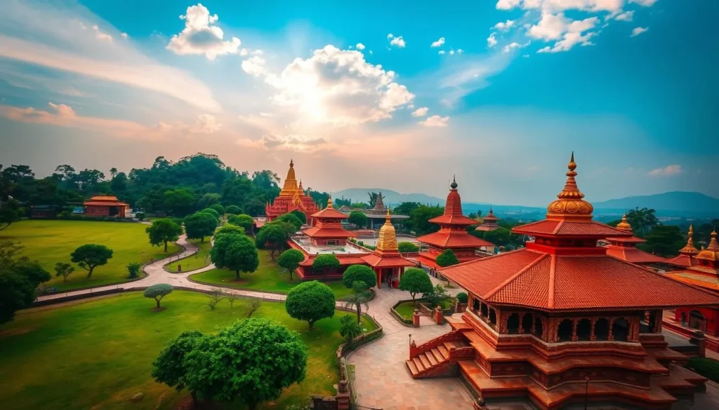 Generate an image of Lumbini, Nepal, showcasing its serene landscapes and Buddhist monasteries.