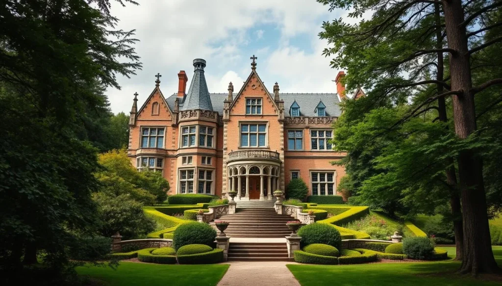 Generate an image of Lyndhurst Mansion, highlighting its Gothic Revival architecture and picturesque surroundings.