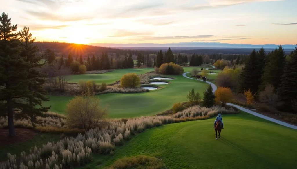 Generate an image of Mackenzie Park, showcasing its championship-level golf courses and equestrian trails.