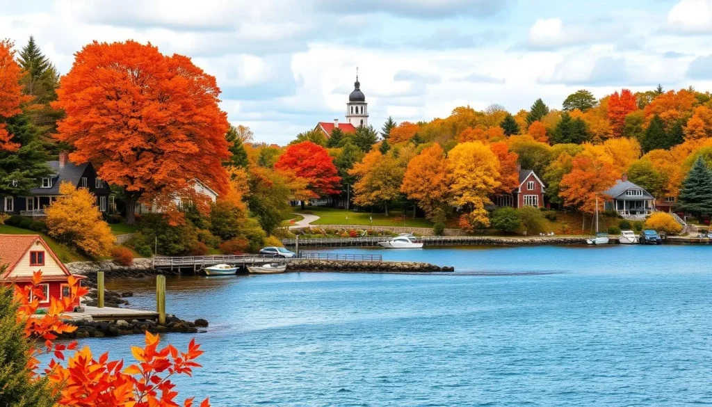 Generate an image of Mackinac Island's fall foliage