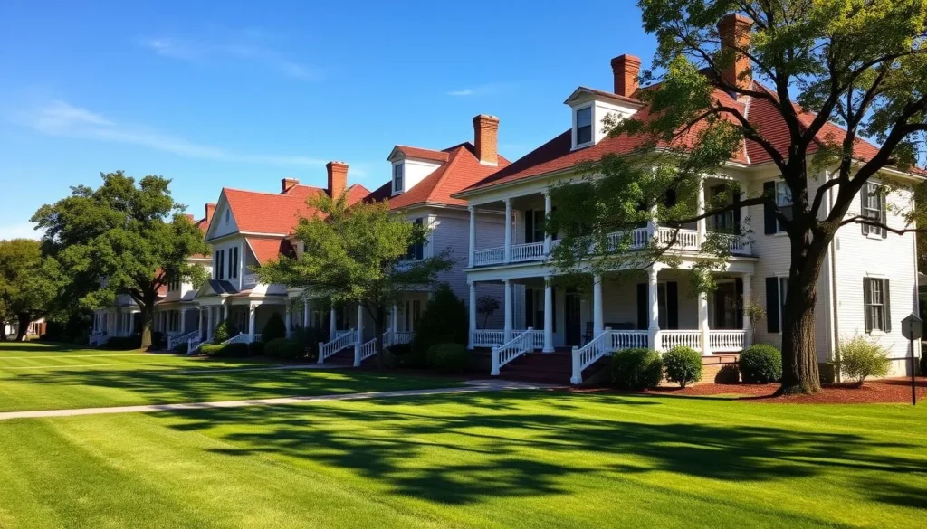 Generate an image of Madison's historic district with grand antebellum homes and perfectly manicured lawns.