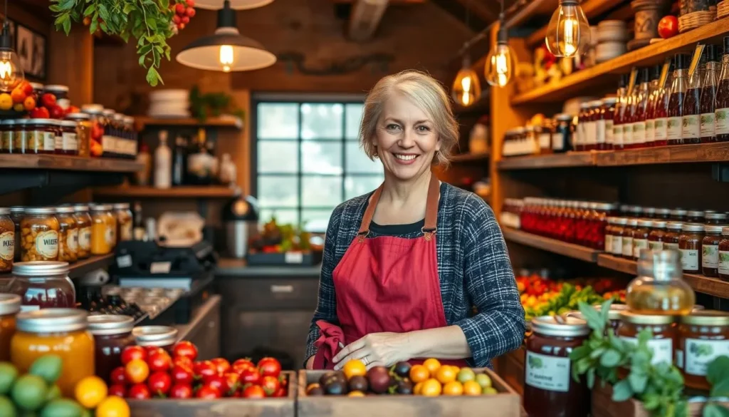 Generate an image of Maggie Beer's Farm Shop, showcasing her famous verjuice and small-batch jams made with fruits from the orchard.