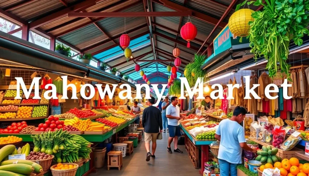 Generate an image of Mahogany Market in Tagaytay, showcasing stalls with local produce and souvenirs.