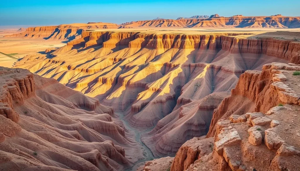 Generate an image of Makhtesh Ramon, Israel's Grand Canyon, showcasing its vast expanse and unique geological formations.