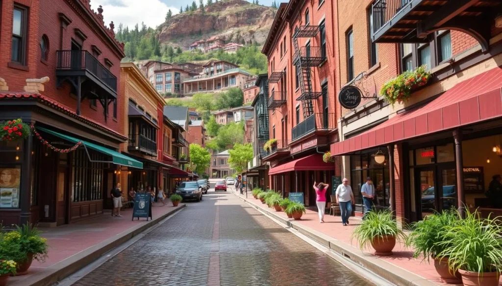 Generate an image of Manitou Springs' main street with its historic buildings and mineral water springs. Generate an image of Manitou Springs' main street with its historic buildings and mineral water springs.
