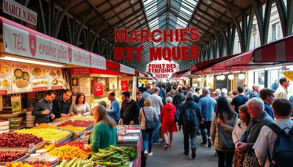 Generate an image of Marché des Enfants Rouges with various food stalls and a bustling atmosphere.