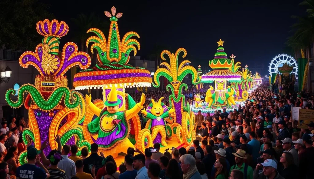 Generate an image of Mardi Gras World with floats and people in costumes.