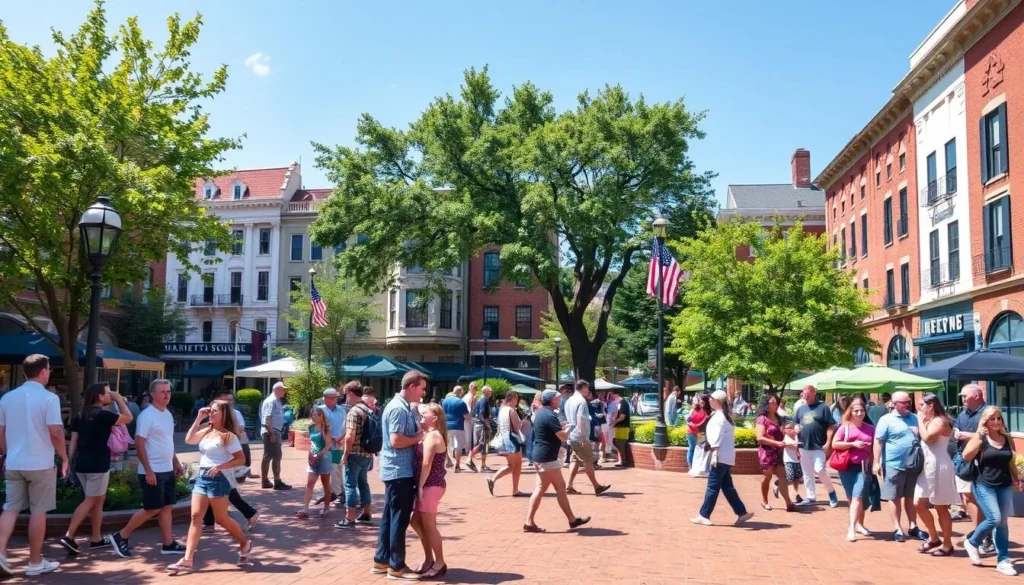 Generate an image of Marietta Square on a sunny day with people enjoying the surroundings.