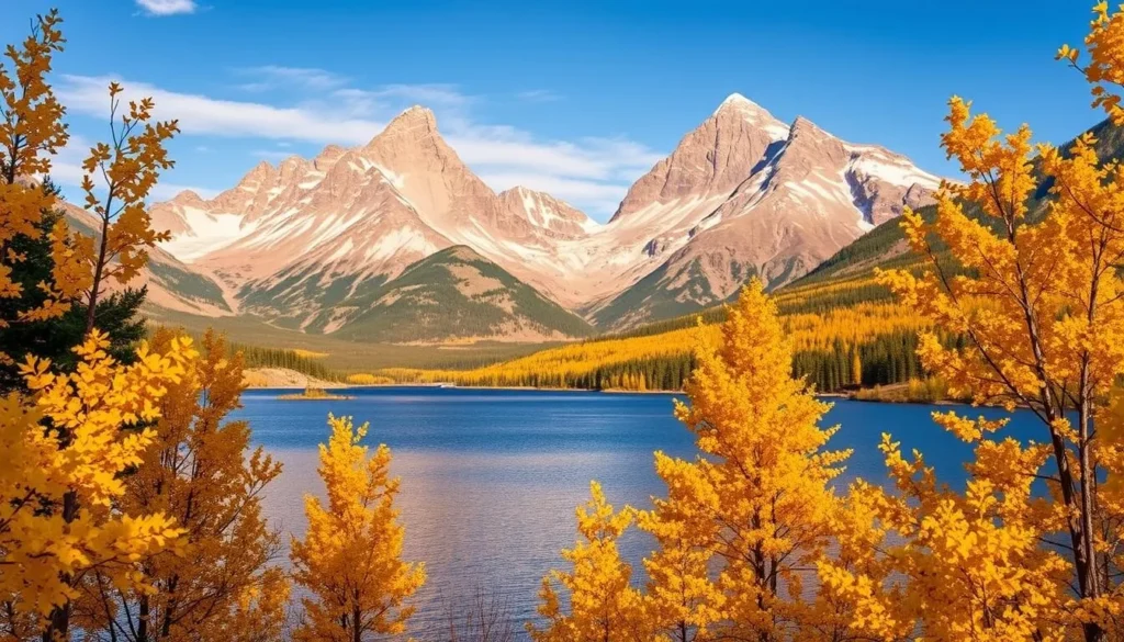 Generate an image of Maroon Lake with the twin 14,000-foot summits of the Maroon Bells in the background, surrounded by golden aspen leaves in late September.