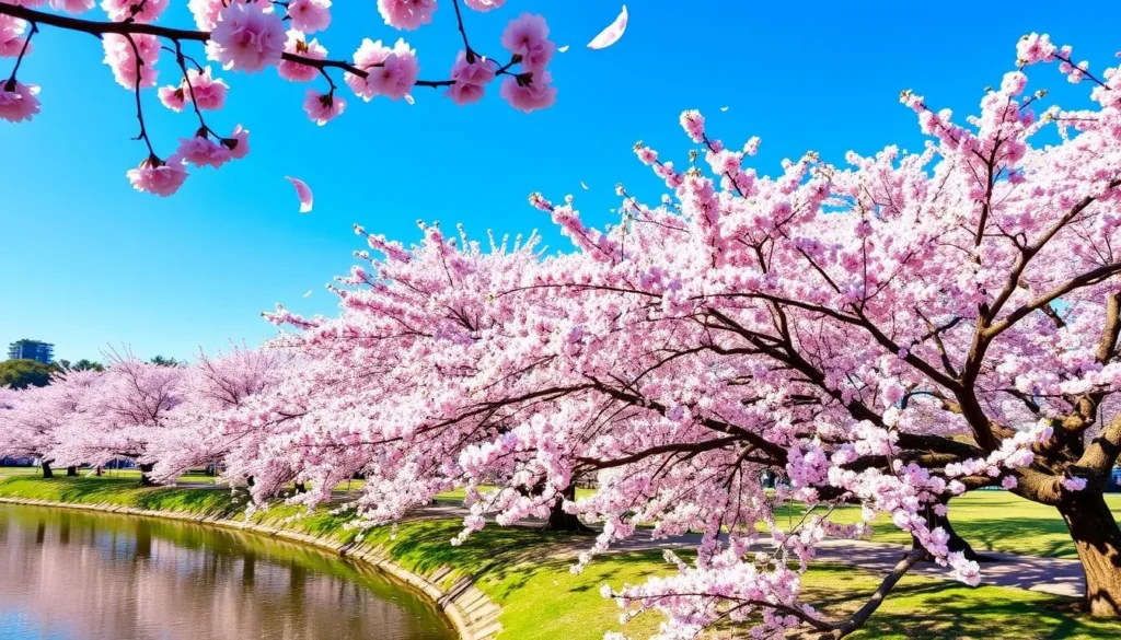 Generate an image of Matsukawa Park during cherry blossom season with hundreds of sakura trees lining the river.