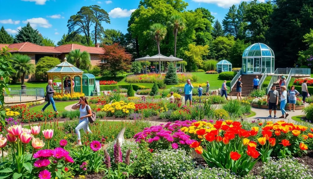 Generate an image of Matthaei Botanical Gardens with visitors strolling through the thematic display gardens. Generate an image of Matthaei Botanical Gardens with visitors strolling through the thematic display gardens.