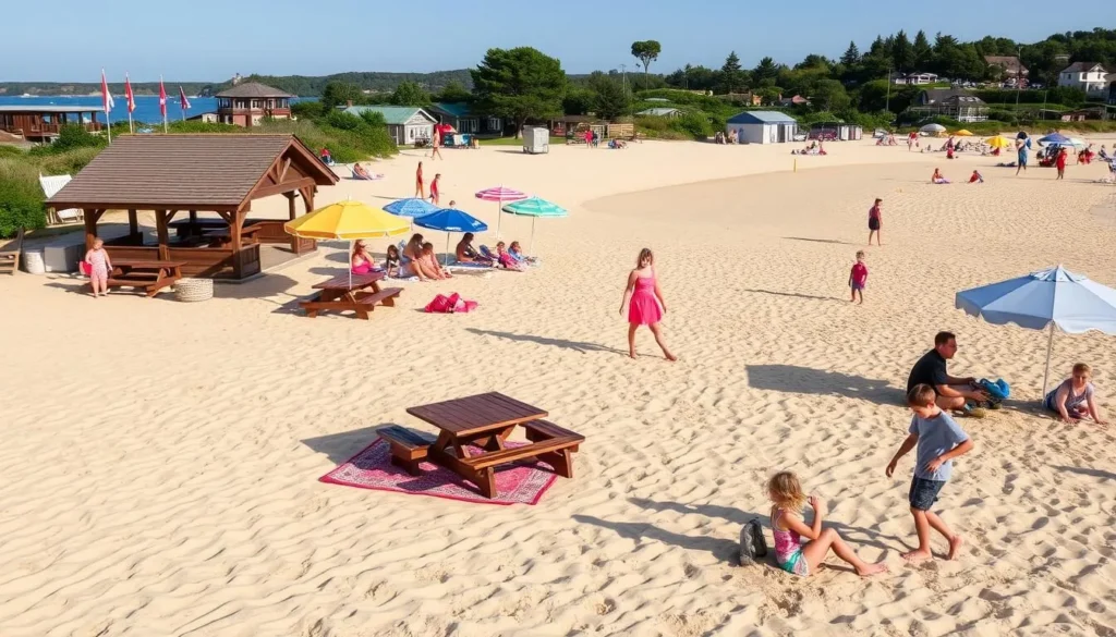 Generate an image of McCarty's Cove with families enjoying the beach and its amenities.