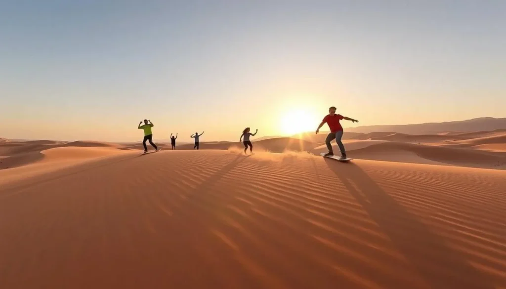 Generate an image of Mesquite Flat Sand Dunes at sunrise with a few people sandboarding.