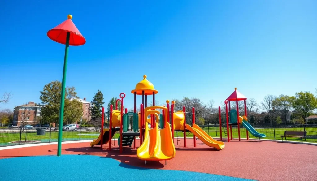 Generate an image of Milham Park's playground, highlighting the fun and safety features for kids.