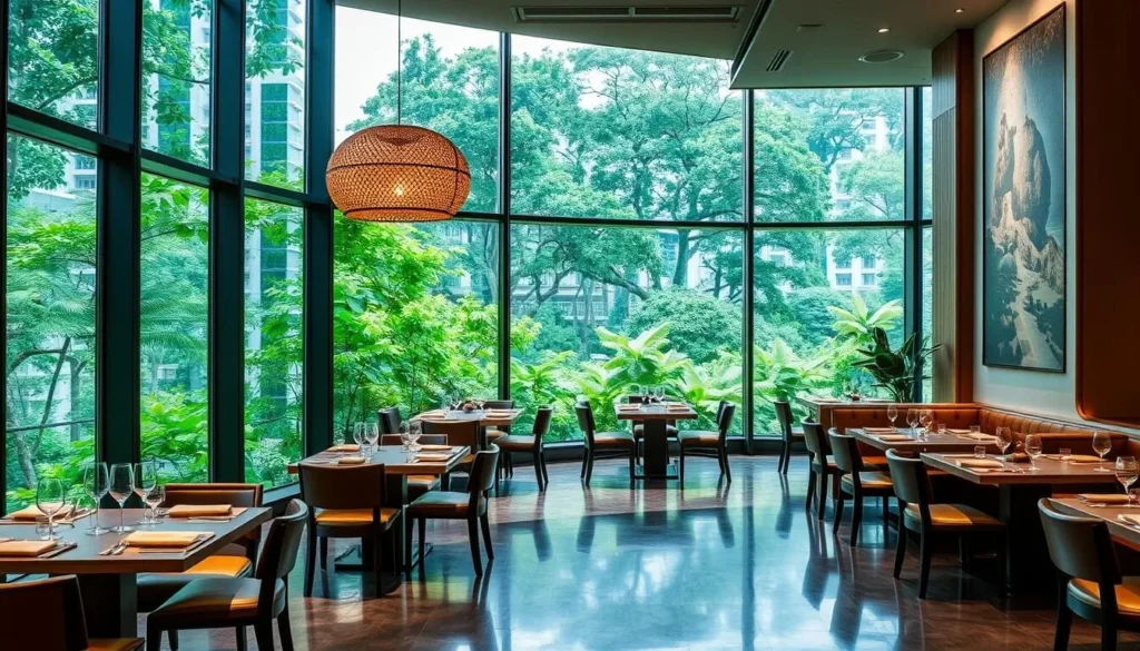 Generate an image of Min Jiang at Dempsey Singapore, showcasing its sleek and bright dining environment with lush greenery views.