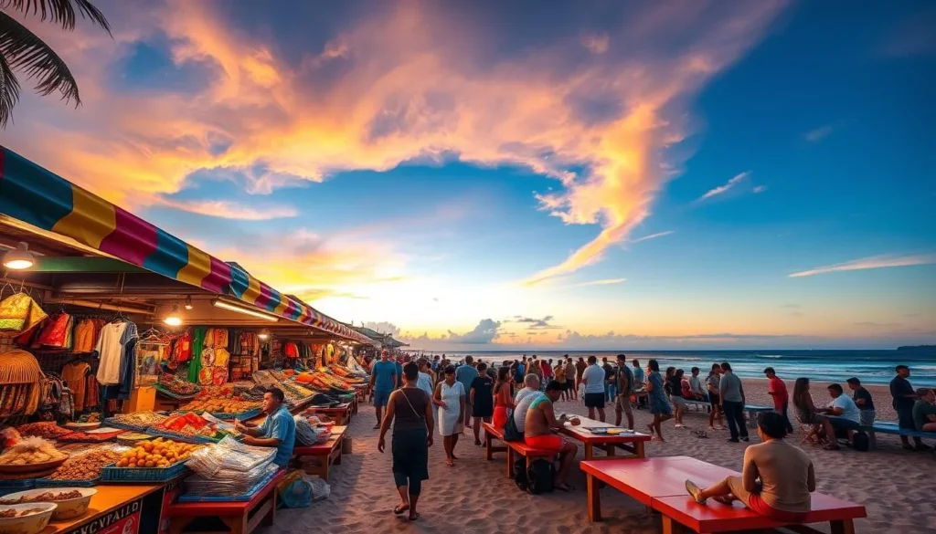 Generate an image of Mindil Beach Sunset Market with stalls selling local food and souvenirs, and people enjoying the sunset.