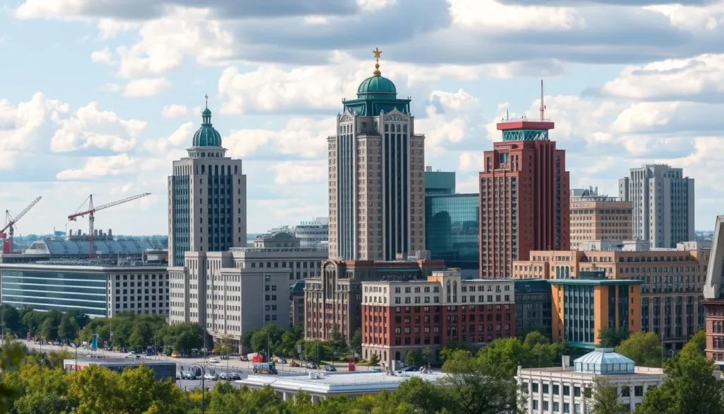 Generate an image of Minsk cityscape with a mix of Soviet-era architecture and modern buildings.