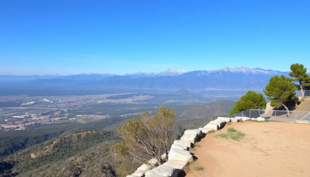 Generate an image of Mirador de la Canaleja with the Guadarrama mountains in the background.
